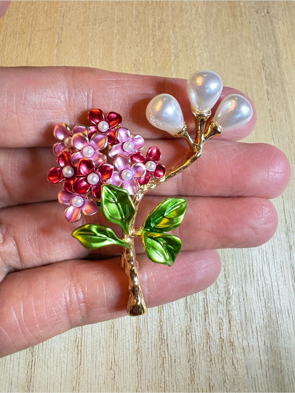 Gold Flower Branch Brooch with Pink Flowers, Green Leaves & Pearl Accents